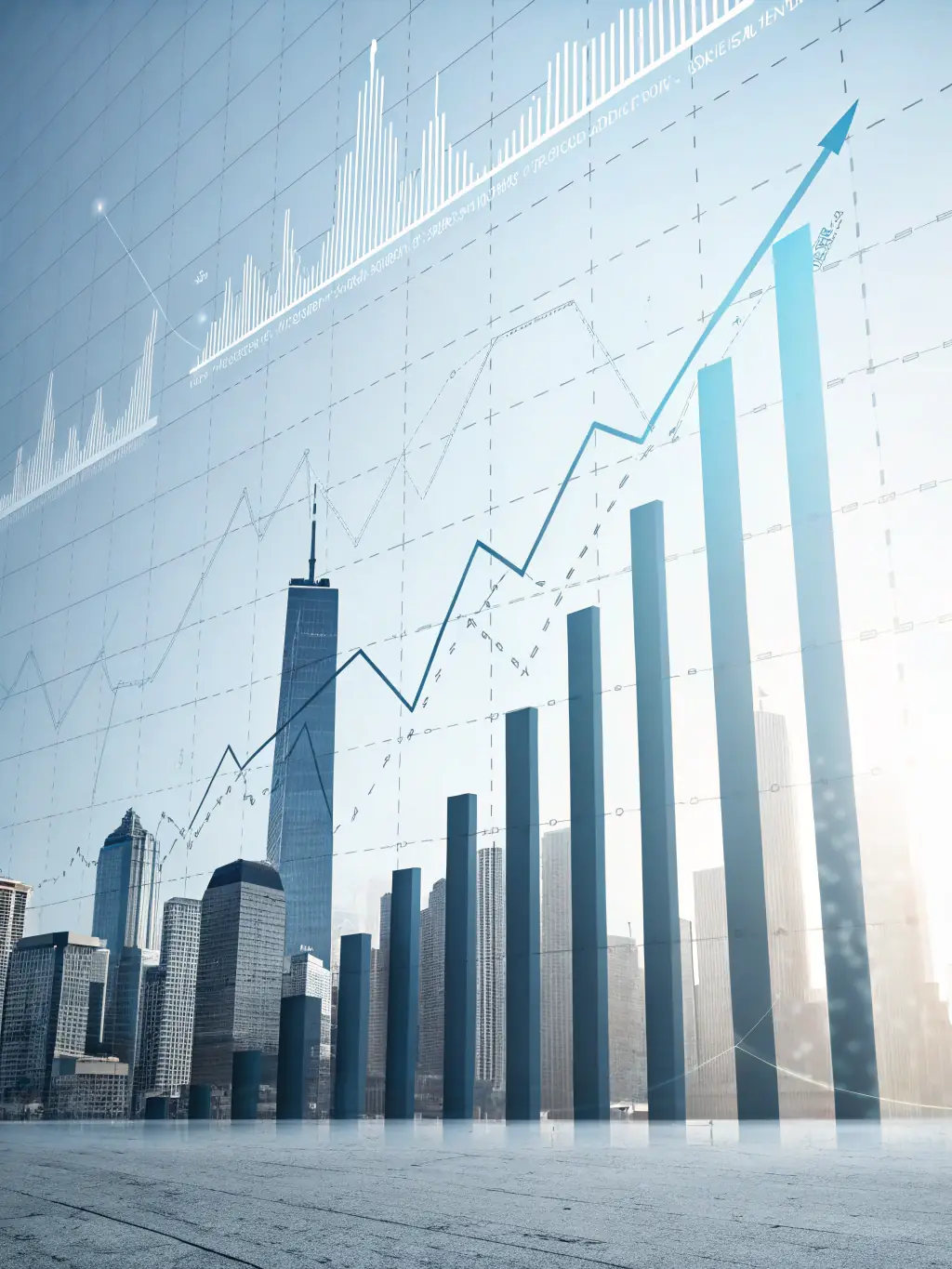 A graph showing upward trending financial growth, with a cityscape in the background, symbolizing economic planning and prosperity.