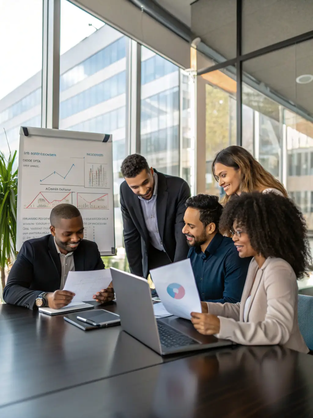 A diverse team of business professionals collaborating around a table, discussing international market trends and economic forecasts.