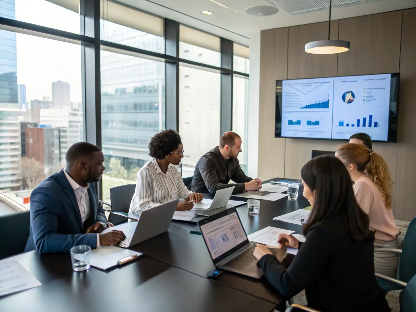 A diverse team of professionals collaborating in a modern office, representing the power of international partnerships and the importance of effective business coaching.