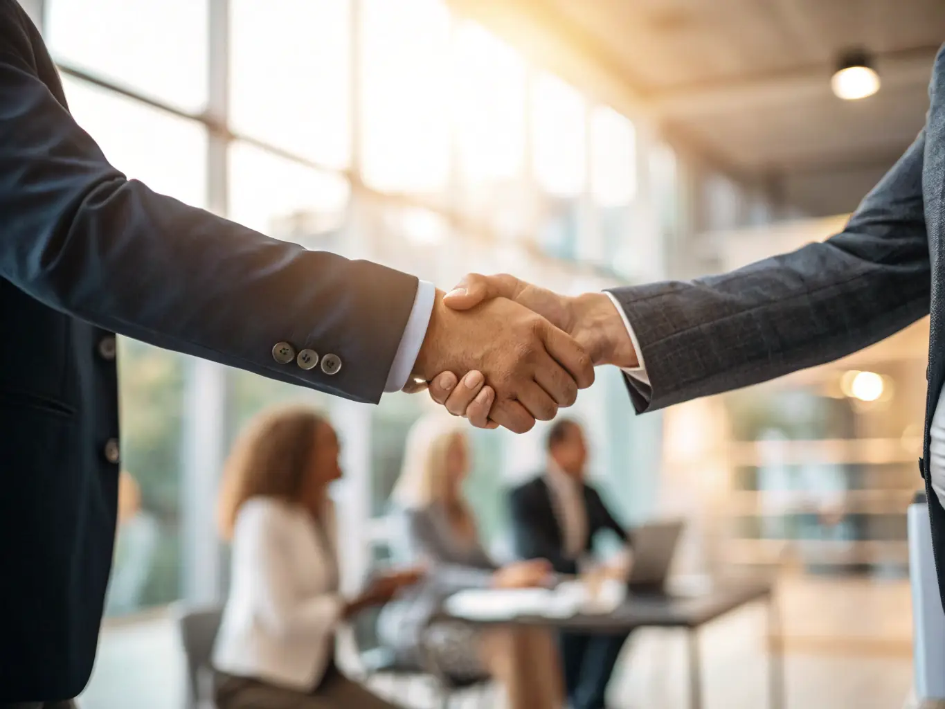 A professional businessman in a suit shaking hands with a businesswoman in a modern office setting, symbolizing a successful international business deal facilitated by expert coaching.